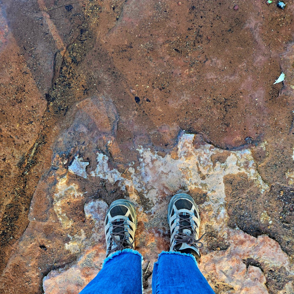 hiking boots on flat rock